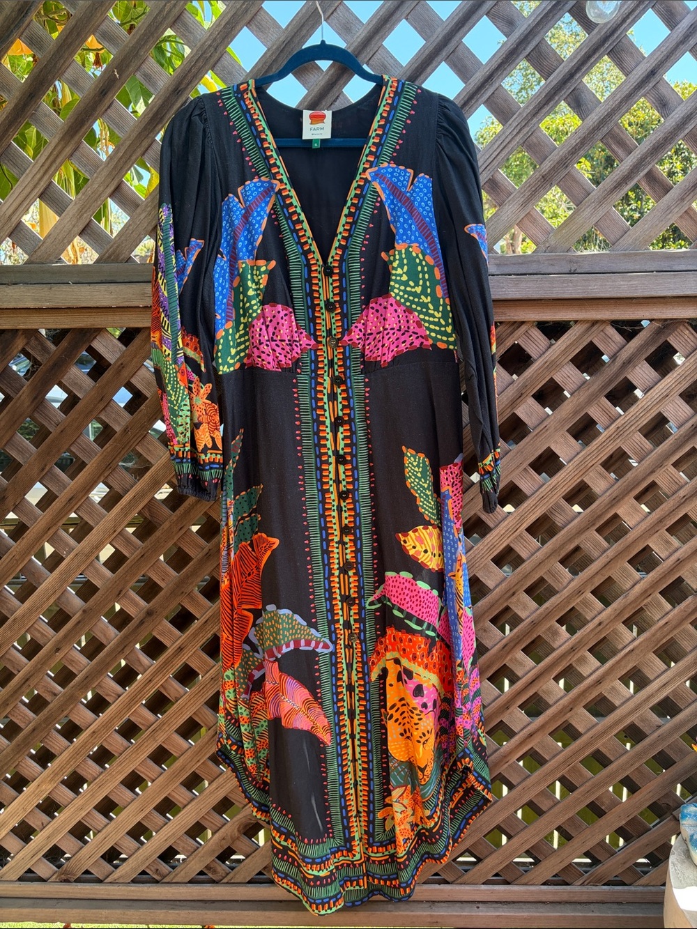 Colorful Floral Embroidered Black Button-Front Dress
